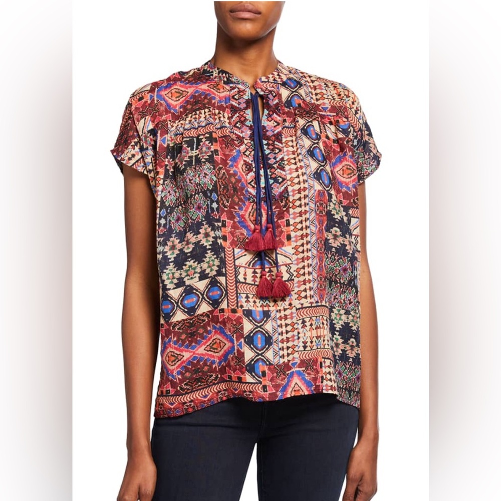 JOHNNY WAS Tribal-Print Double Tassel Short Sleeve Top S BOHO NWOT